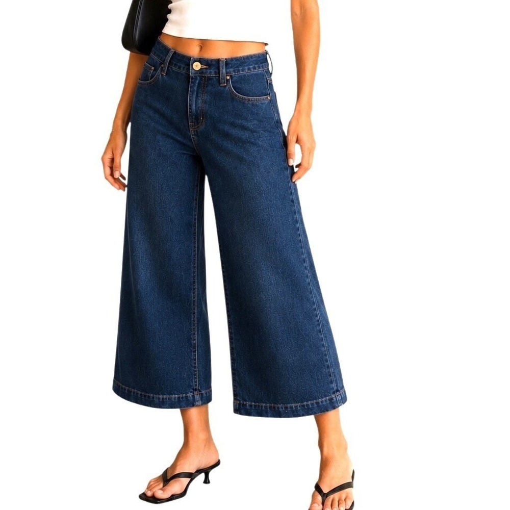 Women's Bleu Blue Wide Leg Cropped Jeans Size 10 BWW1620 High Rise Stretch Denim